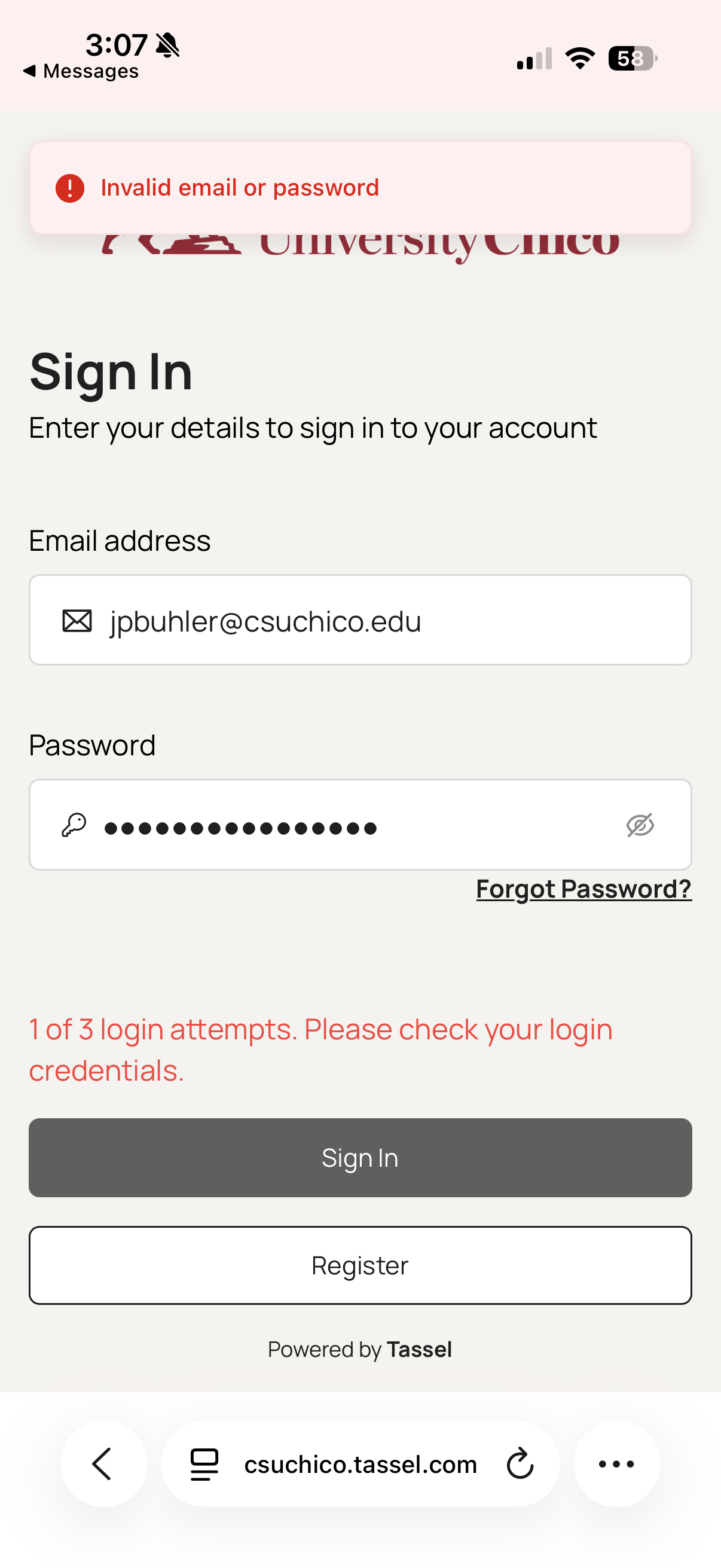 Tassel login error