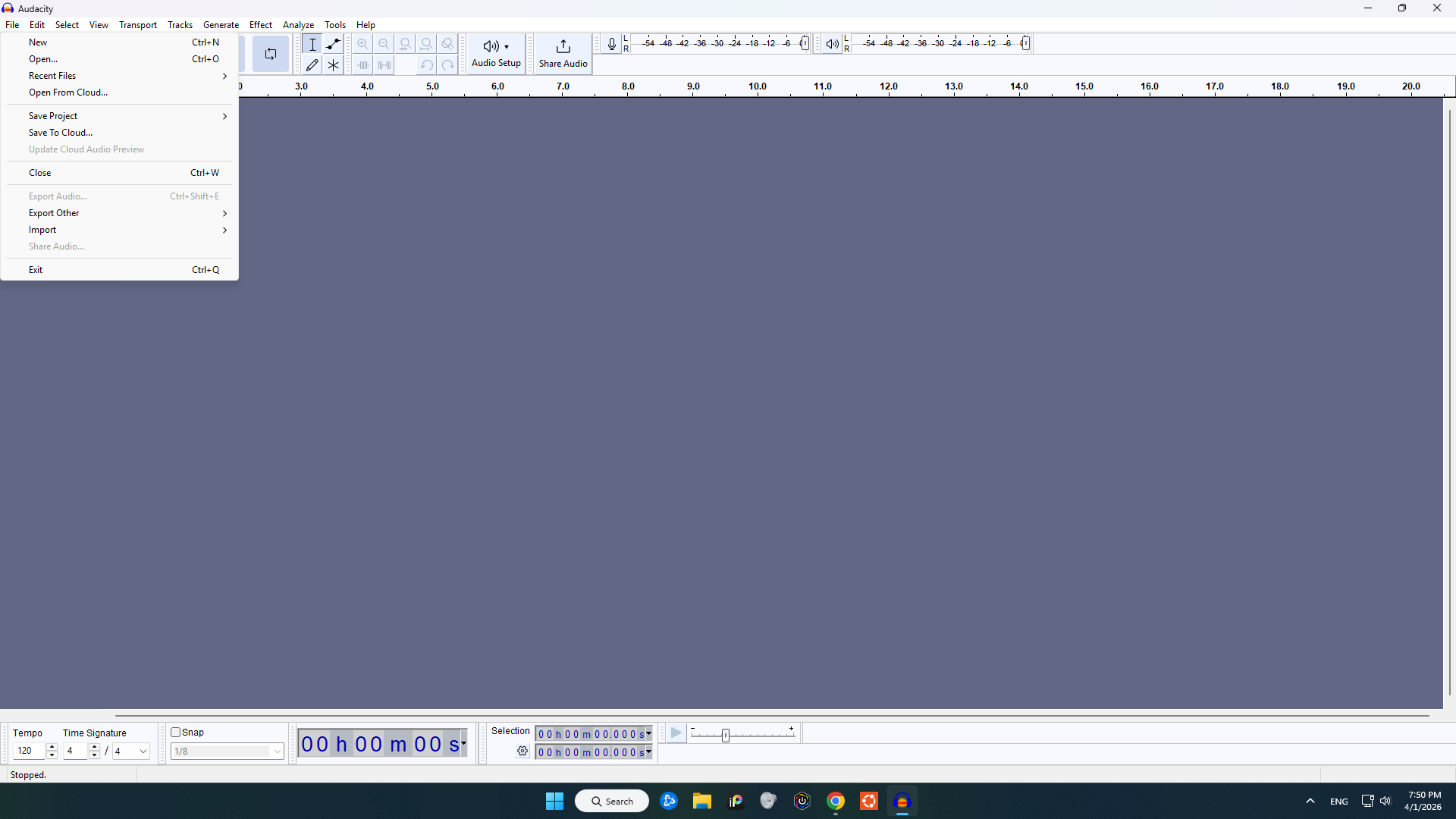 First Screen in Audacity, file button on top left clicked with drop down menu giving many options